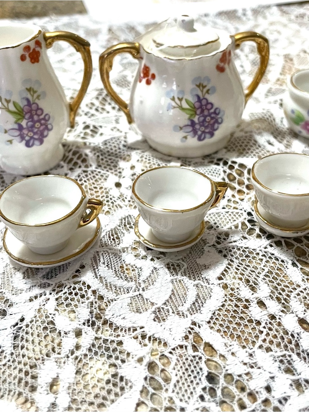 Porcelain Mini Tea Set with Gold Trim and Floral Motif - White